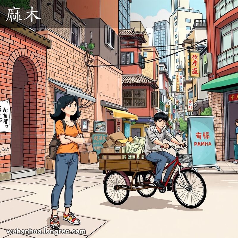 一位武汉市民站在街边，望着远处，背后有一辆载满货物的三轮车经过，背景是武汉的街景