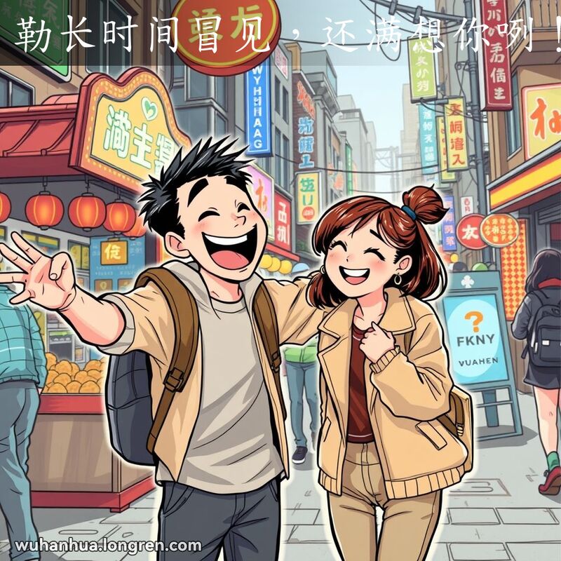 两位久未谋面的朋友在武汉街头相遇，男性朋友张开双臂，脸上带着兴奋的笑容，女性朋友也笑着回应，背景是传统的武汉小吃摊和老建筑。