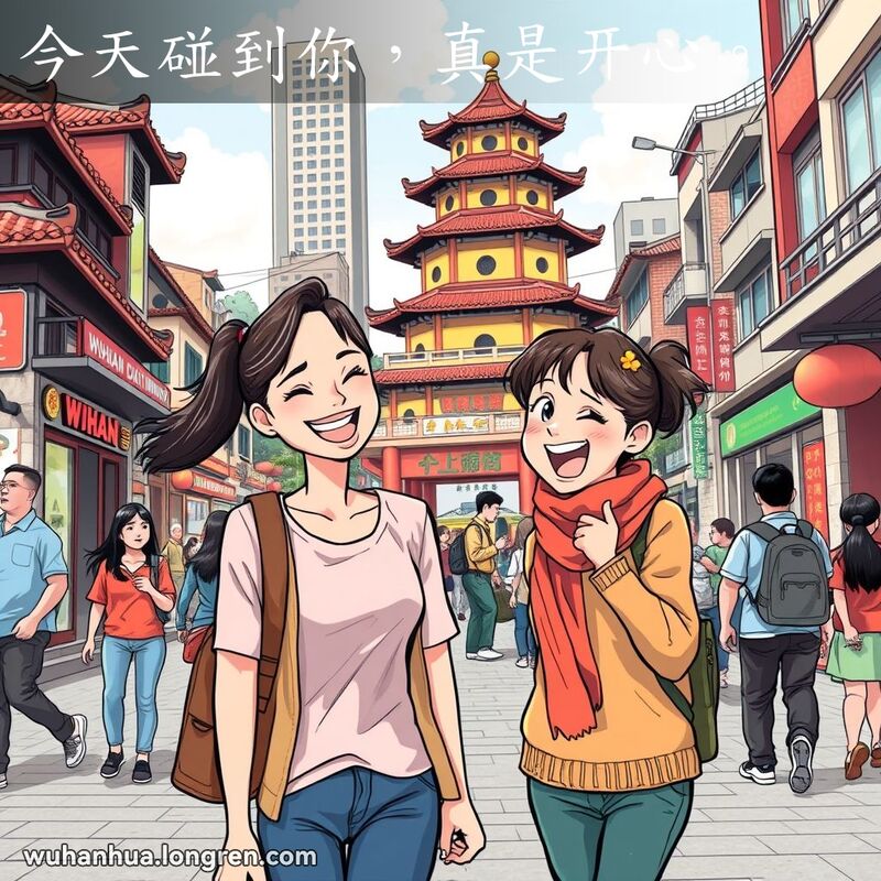 一位年轻女子在武汉街头偶遇老友，脸上露出愉快的笑容，背景是黄鹤楼和江汉路