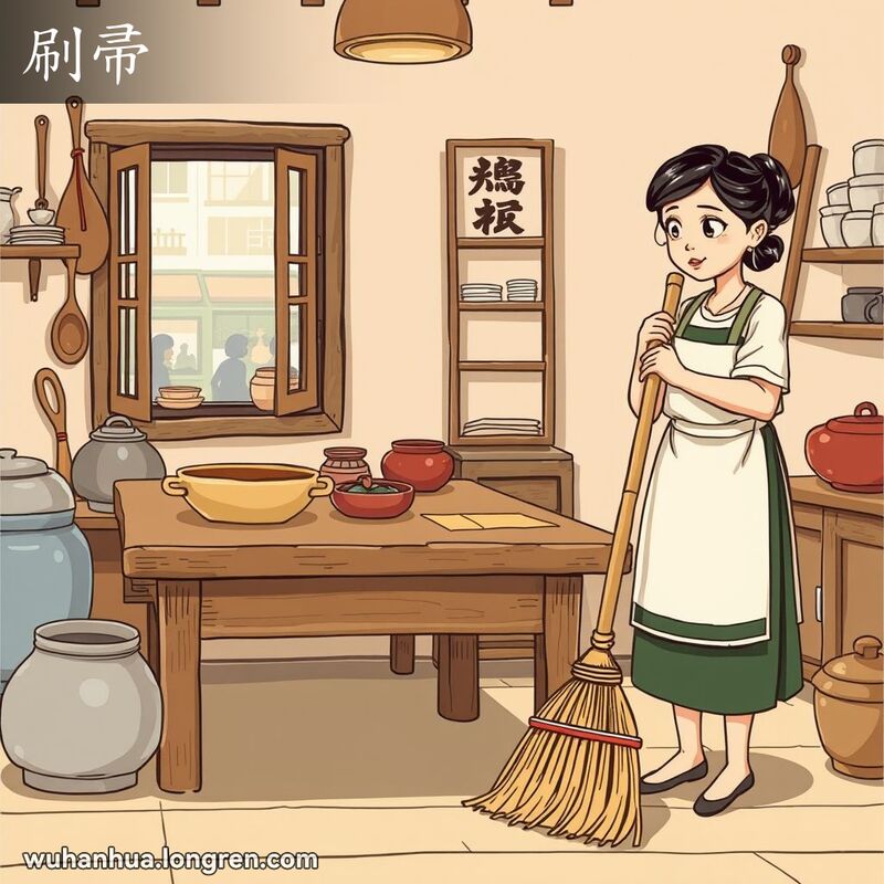 一位妇女在传统武汉厨房中用竹制炊帚扫地，背景有中国厨房用具和武汉街景