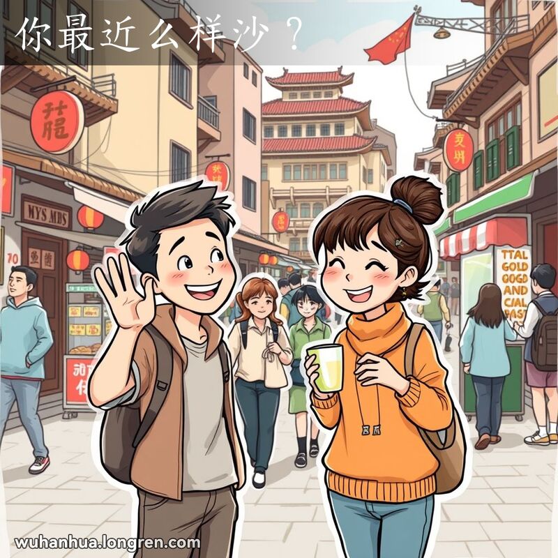 两位朋友在武汉街头相遇，其中一位朋友微笑着挥手，另一位朋友手持茶杯，背景是武汉的传统建筑和街头小贩