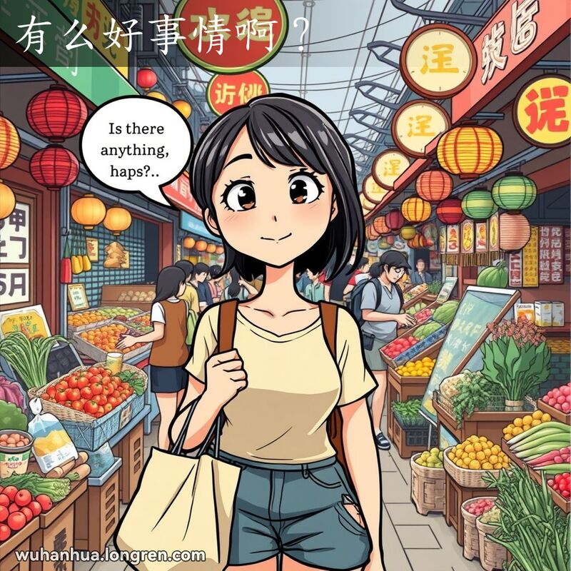 一位年轻的武汉女子在热闹的市场中，手持购物袋，露出好奇和期待的表情，仿佛在问“有么好事情啊？”背景是色彩斑斓的摊位和热闹的人群