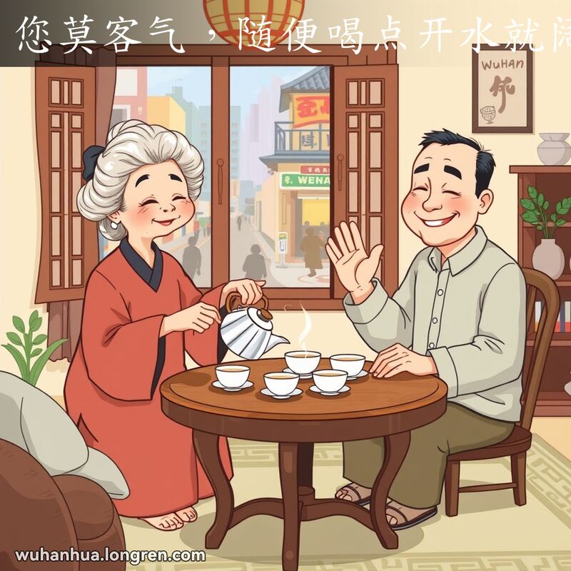 一位武汉老奶奶在家中为客人倒开水，客人微笑举手示意，背景是温馨的武汉家庭客厅和繁忙的街景