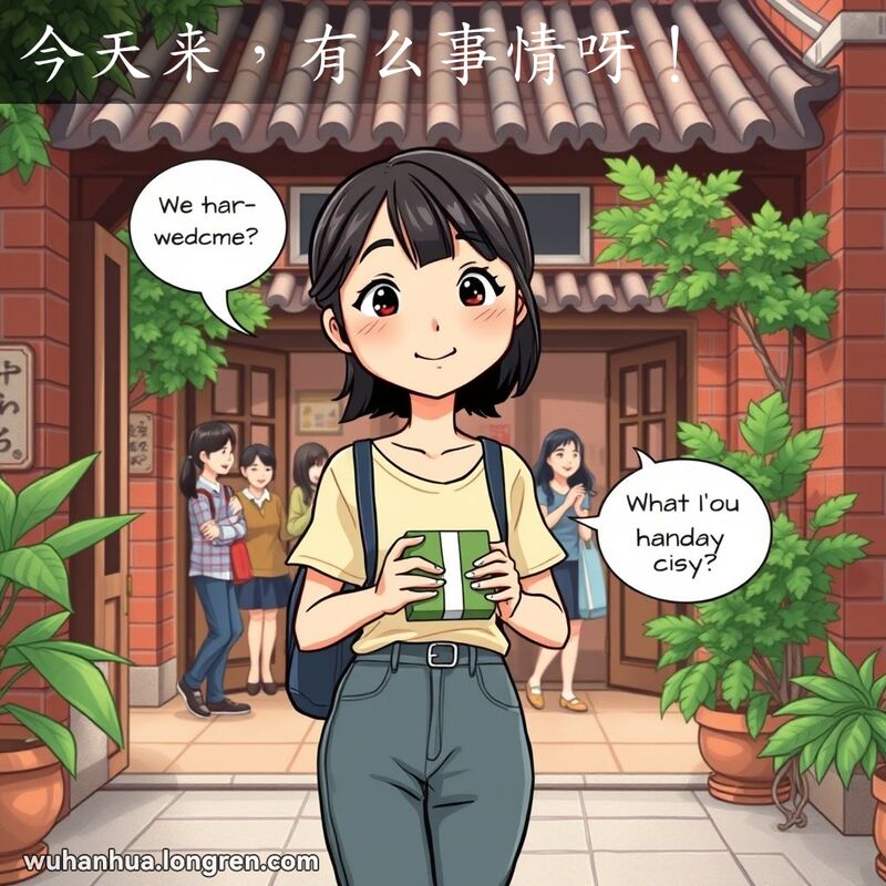 一位年轻女子站在武汉传统庭院门口，手持小礼盒，面带好奇表情，背景是热闹的庭院