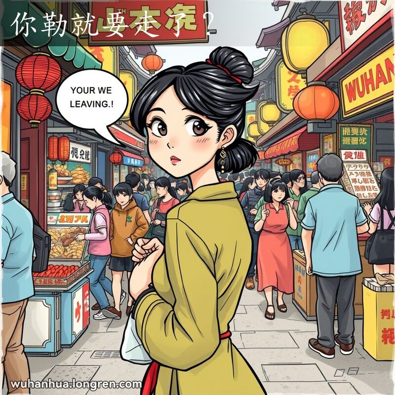 一位年轻女子站在武汉街市入口，回头望向身后，脸上带着惊讶和担忧的表情，背景是热闹的街市和摊贩