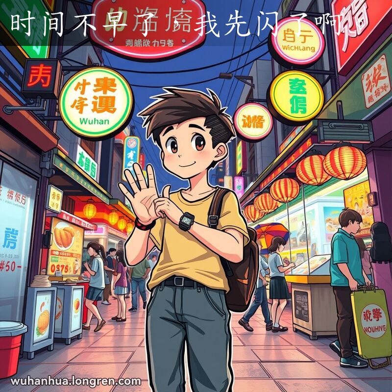 一位年轻人在武汉夜市入口处看手表，挥手告别，背景是热闹的夜市场景