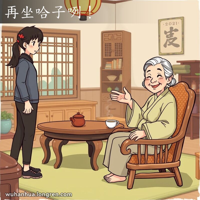 一位老人在客厅里微笑着邀请年轻人再坐一会儿，背景是传统的中式装饰