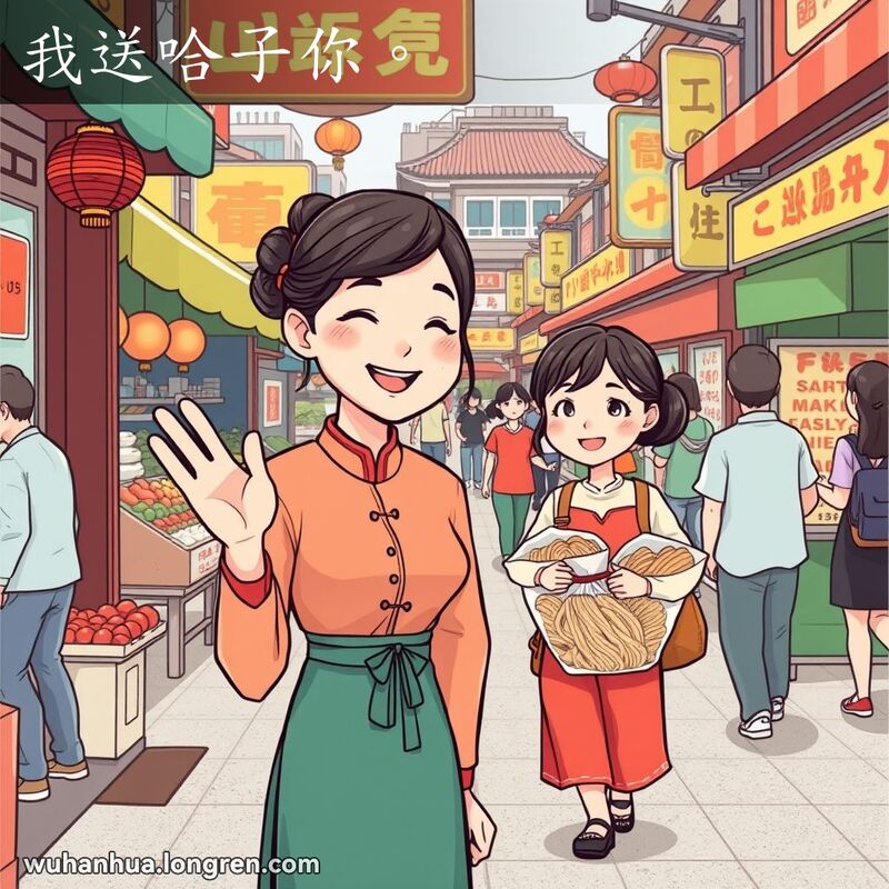 一位武汉女子在街市入口微笑挥手道别，朋友手提小吃，背景是繁忙的市场摊位和行人