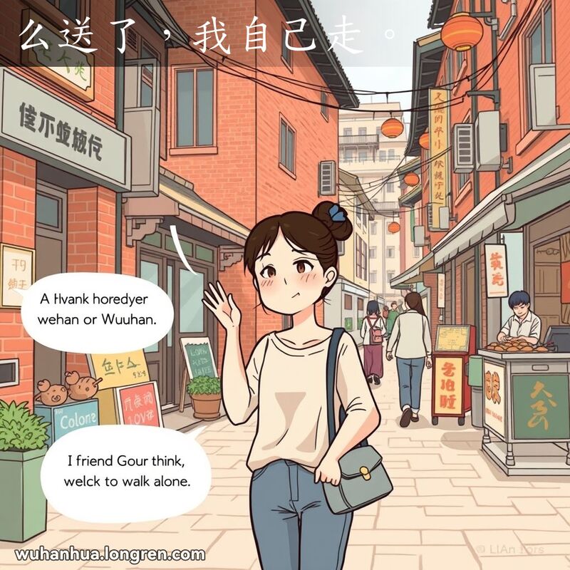 一位年轻女子站在武汉街头，微笑着向朋友挥手告别，背景是武汉老街景