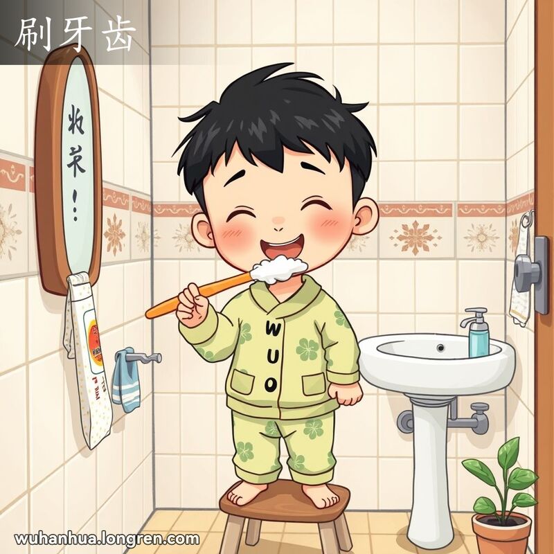 一位武汉小男孩在洗手间里刷牙，背景有牙膏管和漱口杯等洗手间用品