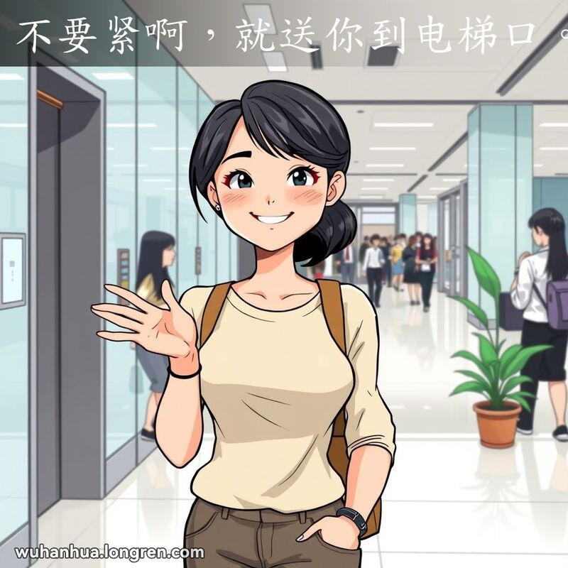 一位年轻女性在办公楼大厅内，微笑着指向电梯门，背景是现代化的办公环境