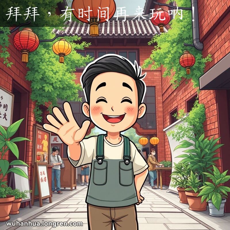 一位武汉市民在传统巷口微笑挥手告别，背景有红砖墙、灯笼和绿植，巷子里小摊贩和居民忙碌
