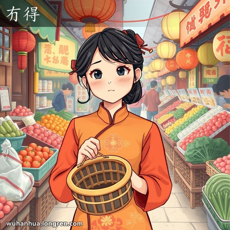 一位穿着传统服饰的武汉年轻女子在市场中手持空篮子，脸上带着困惑和失望的表情，背景是繁忙的市场