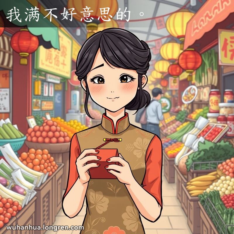一位身穿旗袍的武汉年轻女子站在市场中，手持礼盒，露出羞涩的笑容，背景是繁忙的市场摊位