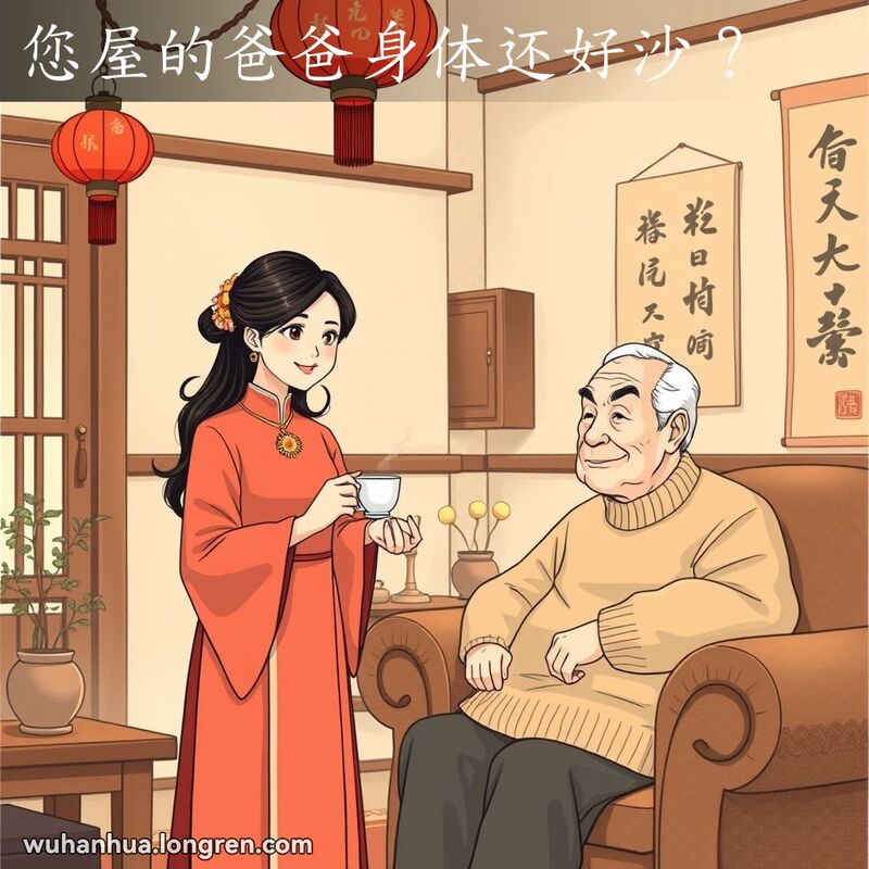 年轻女子在温馨客厅中手持茶杯，微笑看向沙发上的老人，背景有红灯笼和书法挂轴