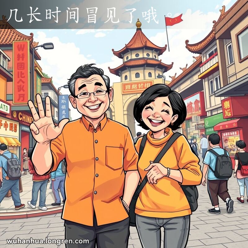 两位武汉老友在街角相遇，男友挥手致意，背景是黄鹤楼和长江大桥
