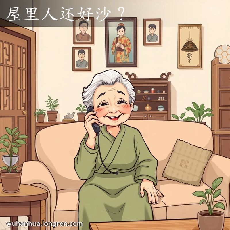 一位老妇人坐在传统武汉家庭客厅中，拿着电话，脸上带着关切的笑容，背景有家庭照片和绿植