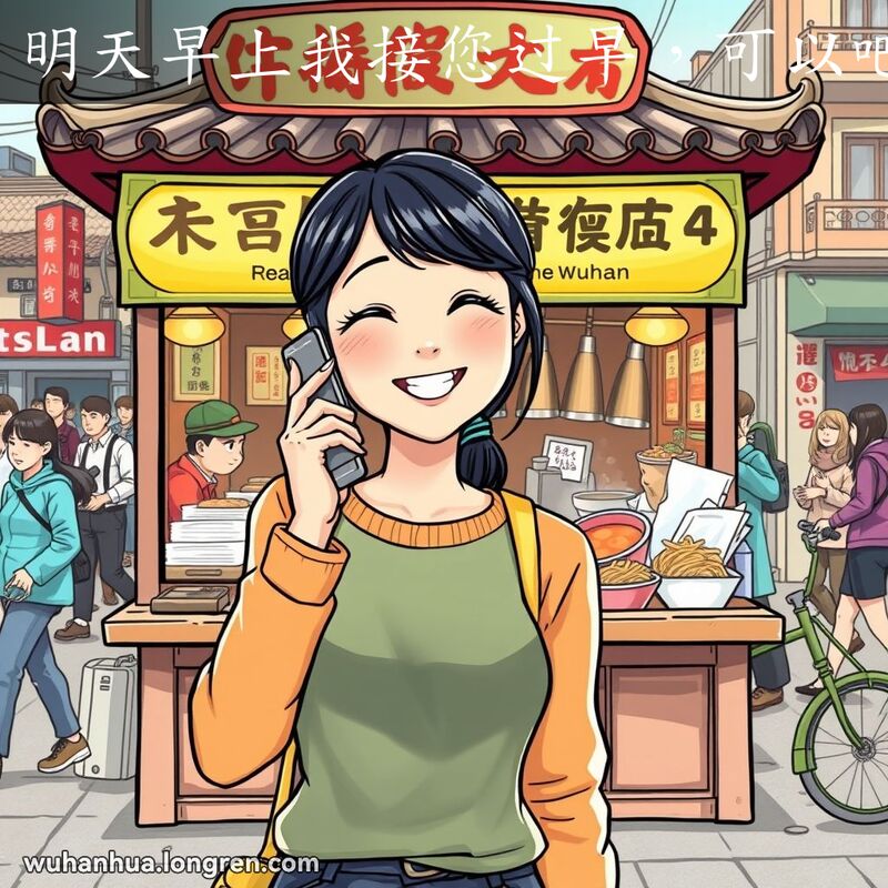 一位年轻女子站在武汉早餐摊前，手持电话，微笑邀请对方，背景是热闹的早餐摊和老街景