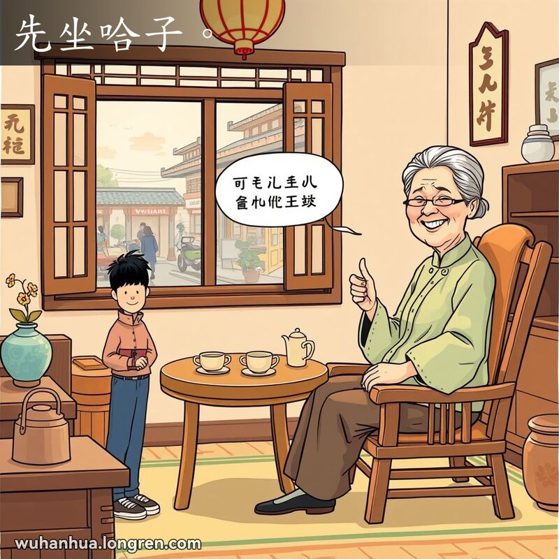 一位武汉老人在家中客厅里，热情地邀请客人坐下休息，背景是温馨的武汉老房子和繁忙的街景。