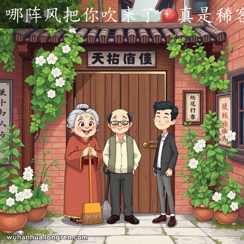一位老奶奶站在武汉传统院落的木门前，手持扫帚，面带惊喜的笑容，迎接一位穿着现代服装的年轻人，背景是宁静的老街景