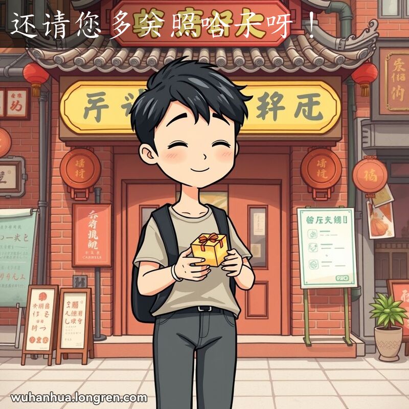 一位年轻人在武汉茶馆前手持礼盒，微笑鞠躬，背景是繁忙的老街景