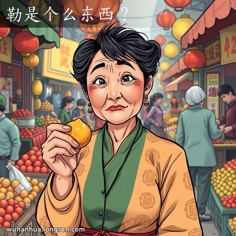 一位中年武汉妇女在市场中手持奇怪物品，露出困惑和不满的表情，背景是繁忙的市场。