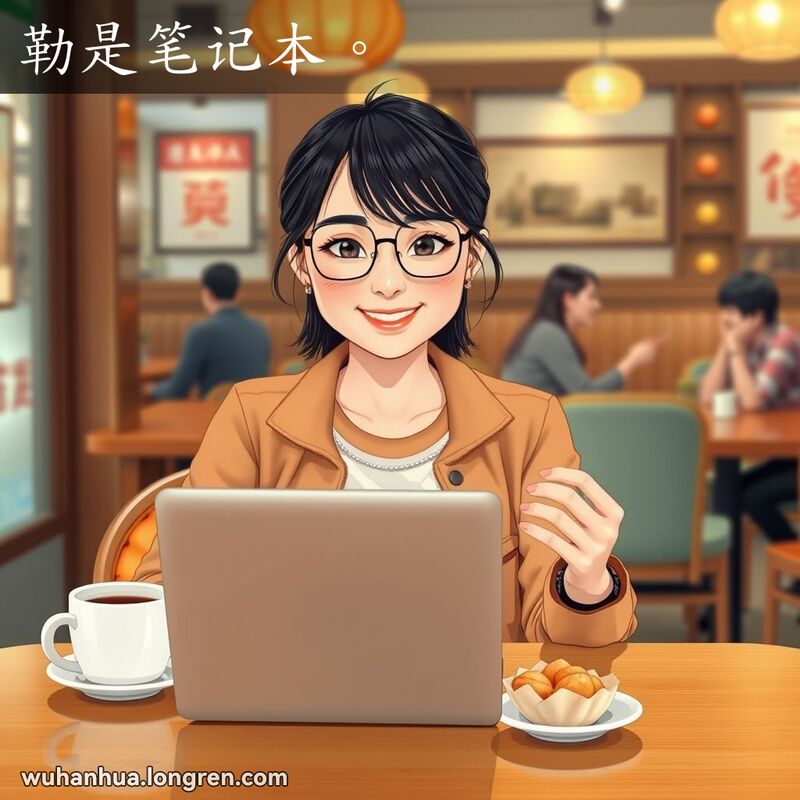 一位年轻的武汉女子在咖啡馆里展示她的笔记本电脑，背景是温馨的咖啡馆环境