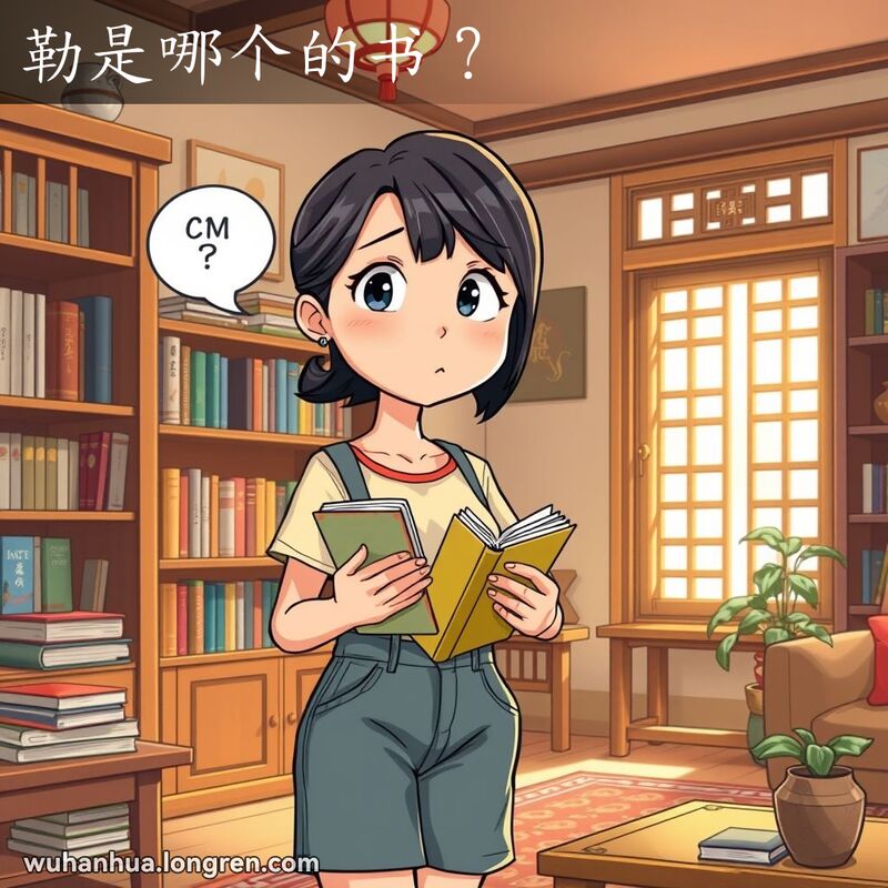一位年轻女子在中式客厅的书架旁，手拿书籍，脸上带着好奇和困惑的表情，背景是温馨的家庭环境