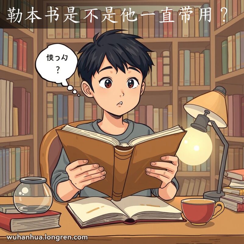 一位年轻学生坐在书桌前，手持一本旧书，露出好奇和疑问的表情，背景是温馨的书房