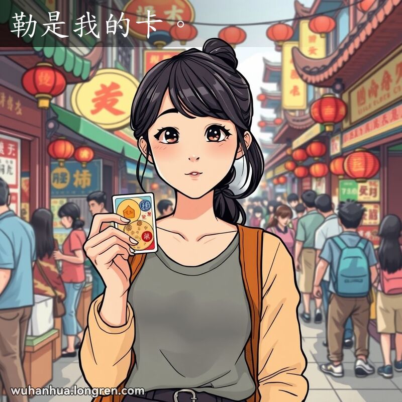 一位年轻的武汉女子在市场中手持卡片，表情自信，背景是热闹的街头摊贩和人群