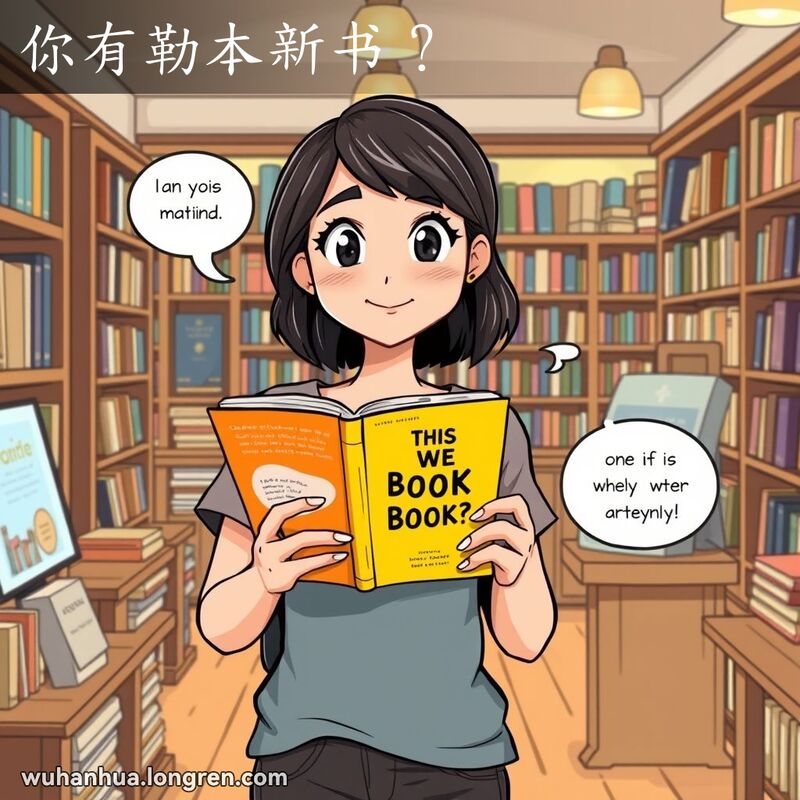 一位年轻女子在书店里手持新书，面带好奇和期待的表情，背景是书架和温暖的灯光
