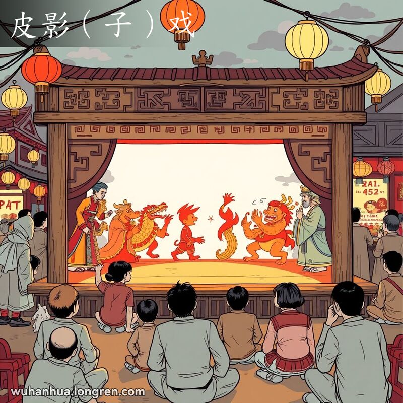 传统皮影戏表演，操作者在屏幕后操作精致的皮革或纸板剪影，背景是热闹的集市。