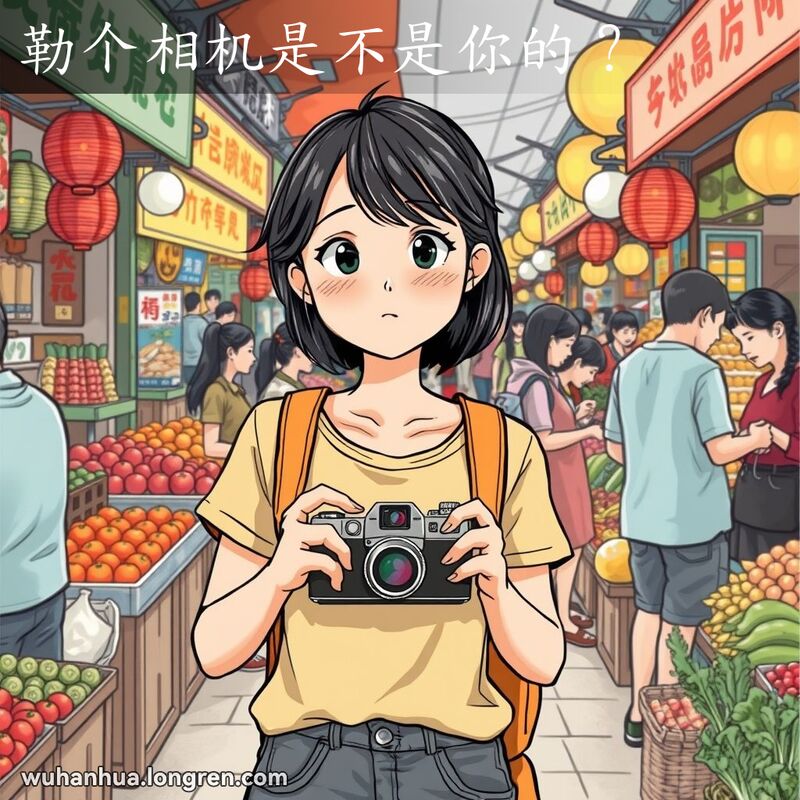 一位年轻女子在武汉街市中手持相机，露出好奇和困惑的表情，背景是繁忙的市场摊位