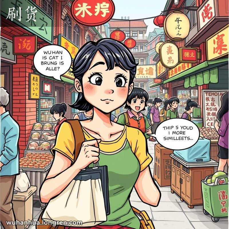 一位武汉女子在市场上手持购物袋，望着过时的物品露出困惑的表情，背景是武汉老街景