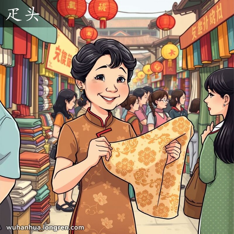 一位中年妇女在武汉布料市场展示布料，背景是热闹的市场和五彩缤纷的布料摊位