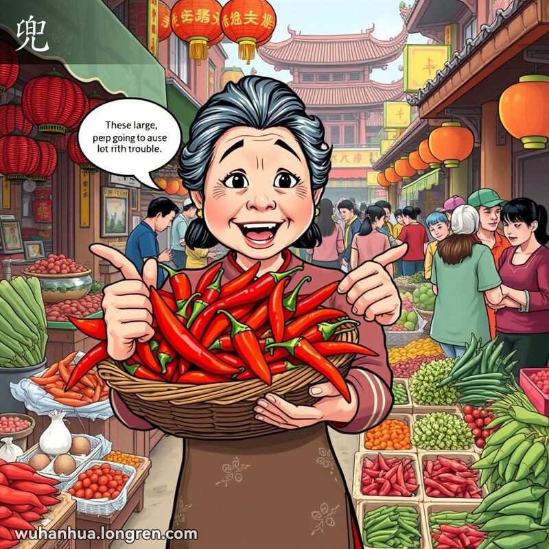 一位中年妇女在武汉市场上手持大红辣椒，表情惊讶且担忧，背景是热闹的市场摊位和传统建筑