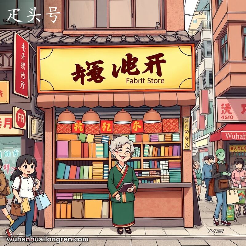 一家武汉布料店，店内摆放着各种布料，一位中年妇女微笑着站在柜台后，背景是繁华的街道和其他小店。
