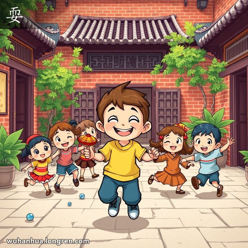 一群孩子在武汉老街庭院中玩耍，主角男孩手持陀螺，脸上带着顽皮笑容，背景有红砖墙和绿植