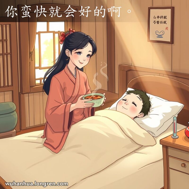 一位年轻女子坐在床边，手捧草药汤，微笑看着正在康复的病人，房间温馨，充满阳光。