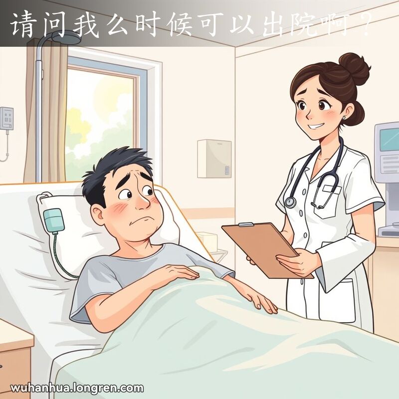 一位病人躺在医院病床上，神情焦虑，旁边站着一位手持病历板、微笑着的护士，病房干净明亮，窗外阳光明媚。