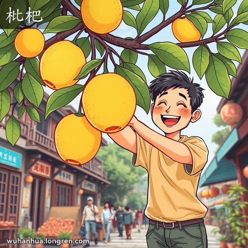 一位武汉市民在传统街道背景下伸手摘取枇杷，背景有老式建筑和热闹市场