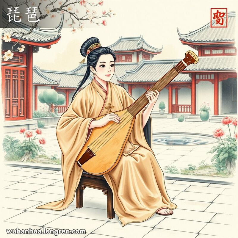 一位身穿汉服的音乐家在庭院中演奏琵琶，背景是传统中国花园。