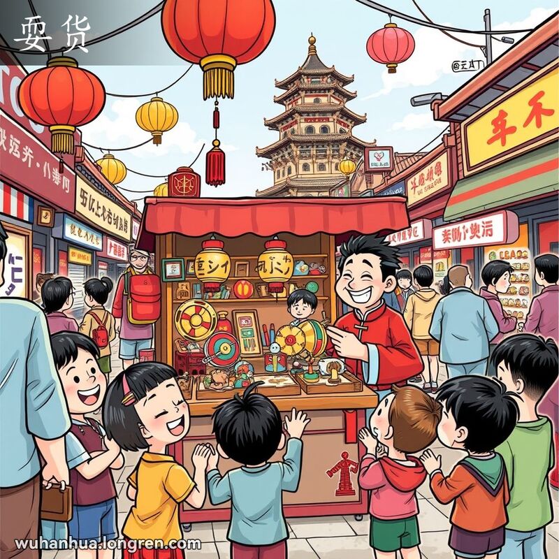 武汉街头市场，玩具摊前孩子们欢笑玩耍，背景有黄鹤楼和其他摊位