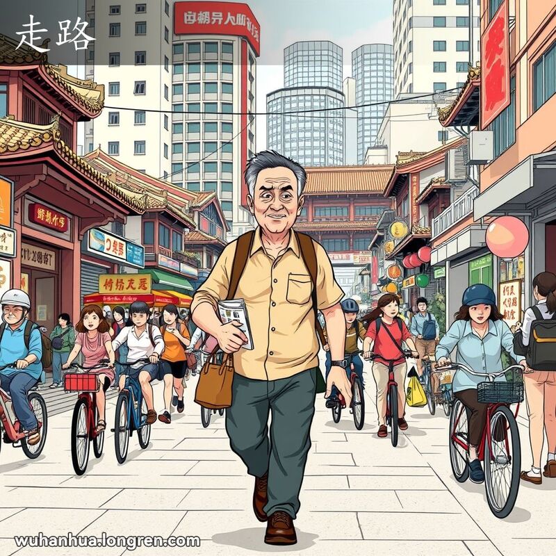 一位中年男子在武汉街头步行，手持小包和报纸，背景是繁忙的街道和传统建筑