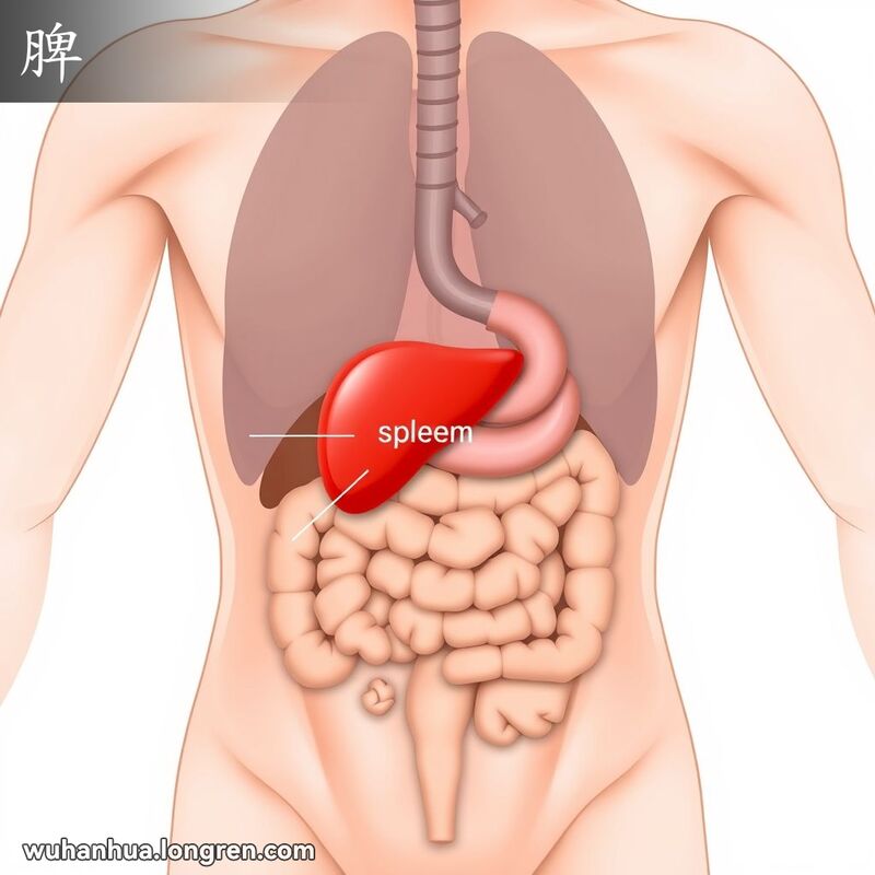 人体内脏解剖图，突出胃左侧的椭圆形脾脏，背景为医学插图风格