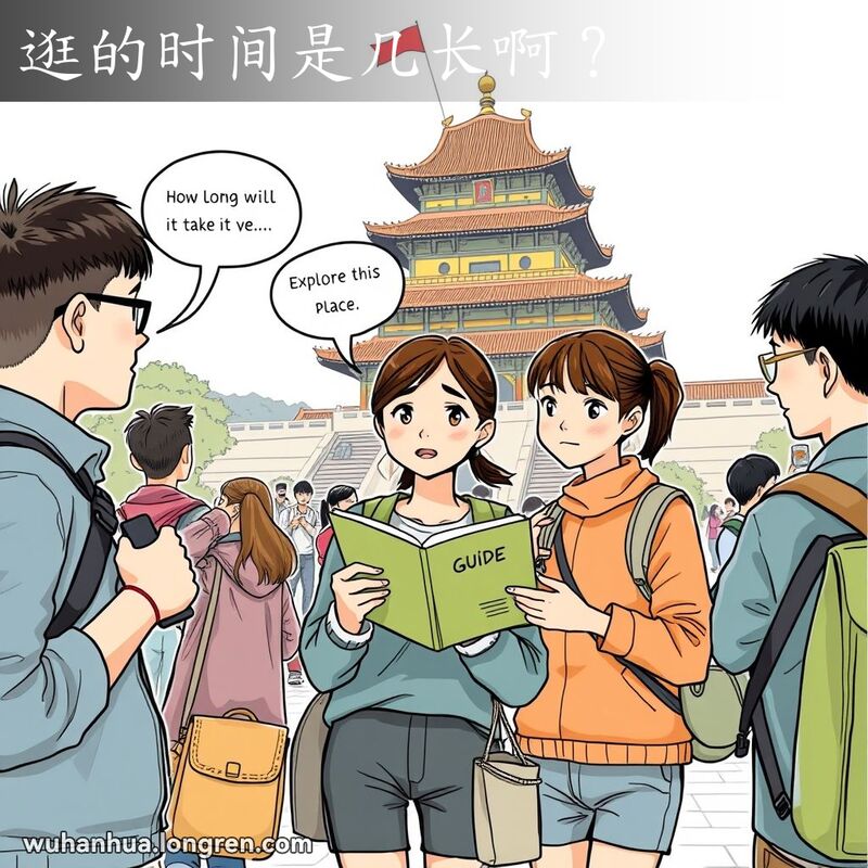 一群游客在黄鹤楼前讨论游览计划，一位女游客手持旅游指南，露出困惑的表情，仿佛在问“逛的时间是几长啊？”