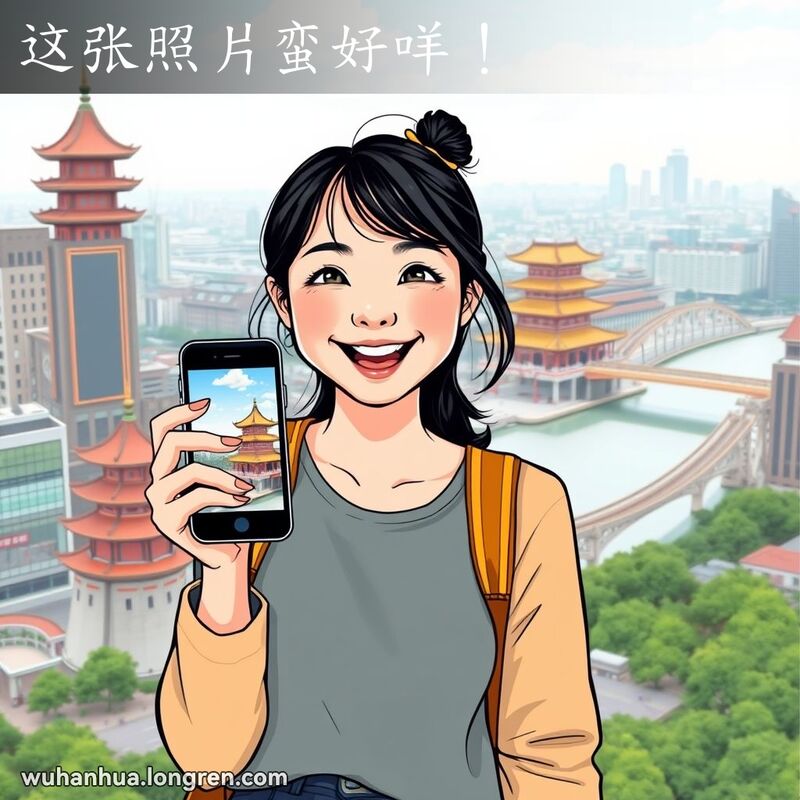 一位年轻的武汉女子手持智能手机，站在黄鹤楼前，脸上带着明亮而兴奋的笑容，手机屏幕上显示着她刚刚拍摄的美丽照片，背景是武汉的繁华城市景观。