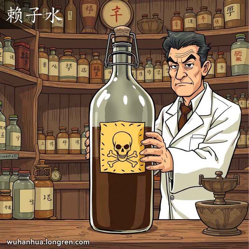 一家武汉老药房，药剂师手持有毒的赖子水瓶，背景有传统药瓶和药具
