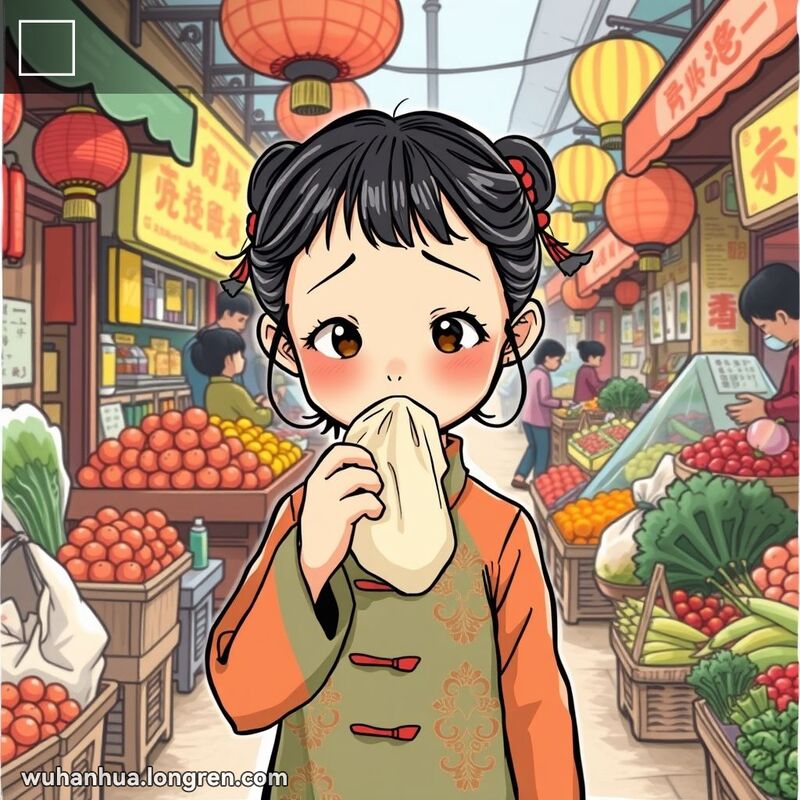一位武汉女孩在市场中用手帕捂住嘴巴，表情不适，背景是热闹的市场场景