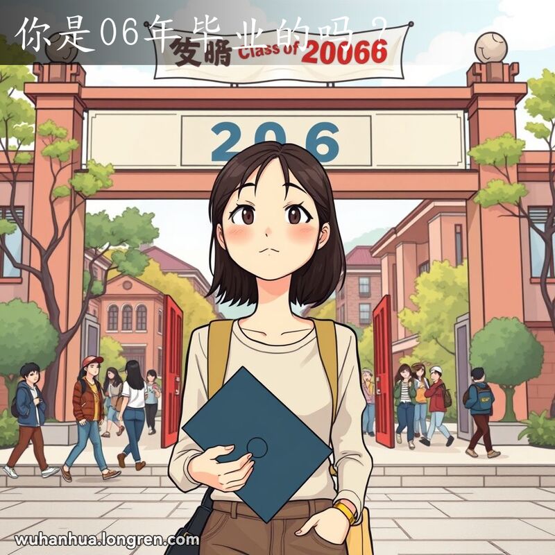 一位年轻女性站在大学校门前，手持毕业帽，面带怀旧和好奇的表情，背景是热闹的校园景象